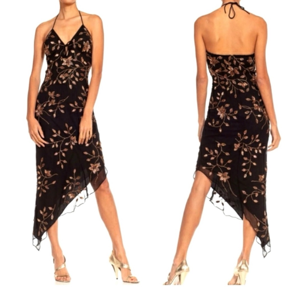 Beaded Sequin Floral Asymmetrical Cache Black /Copper Halter Dress | Size XS